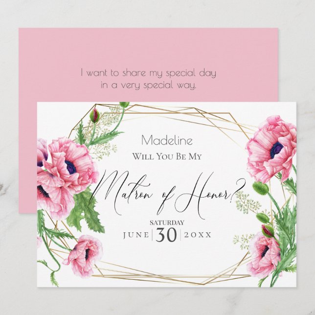 Pink Poppies Will You Be My Matron of Honor Invitation (Front/Back)