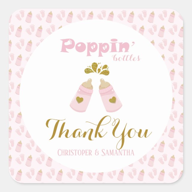 Pink Poppin Bottles Girl Baby Shower Square Sticker (Front)