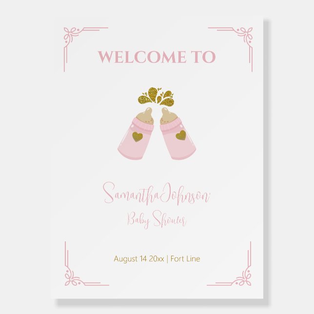 Pink Poppin Bottles Girl Baby Shower Welcome Sign (Front)