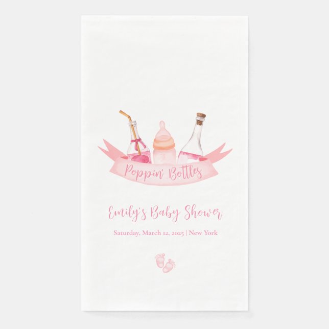 Pink Poppin Champagne Bottles Feet Baby Shower  Paper Guest Towels (Front)