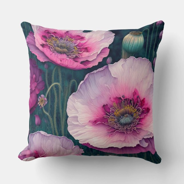 Pink Poppy Abstract Throw Pillow (Front)