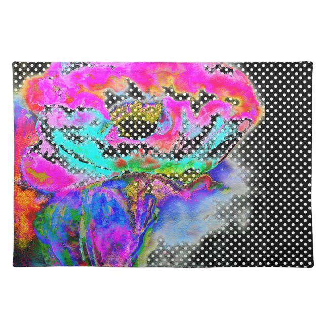 Pink Poppy,black and white polka-dots Cloth Placemat (Front)