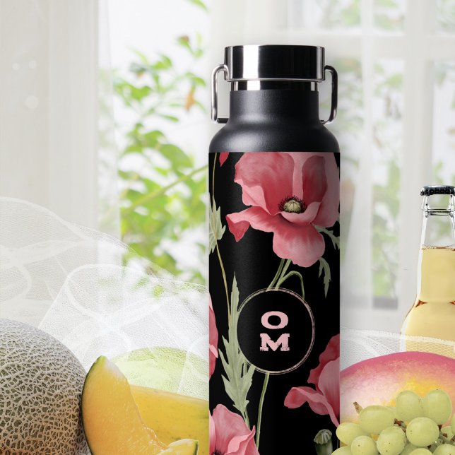Pink Poppy Black Monogram Water Bottle (Pink Poppy Black Monogram Water Bottle ©Susanne Sachers - Sunny Mind 🌞)
