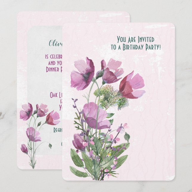Pink Poppy bouquet Birthday Party Invitation (Front/Back)