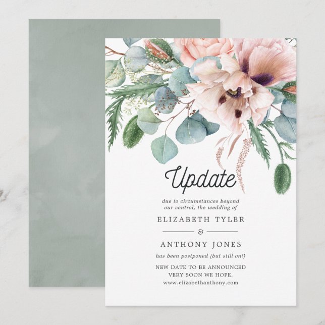 Pink Poppy Eucalyptus Wedding Postponement Invitation (Front/Back)