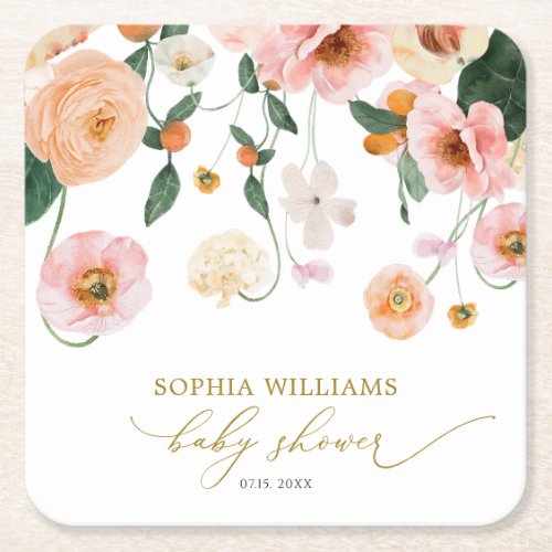 Pink Poppy Floral Baby Shower Square Paper Coaster
