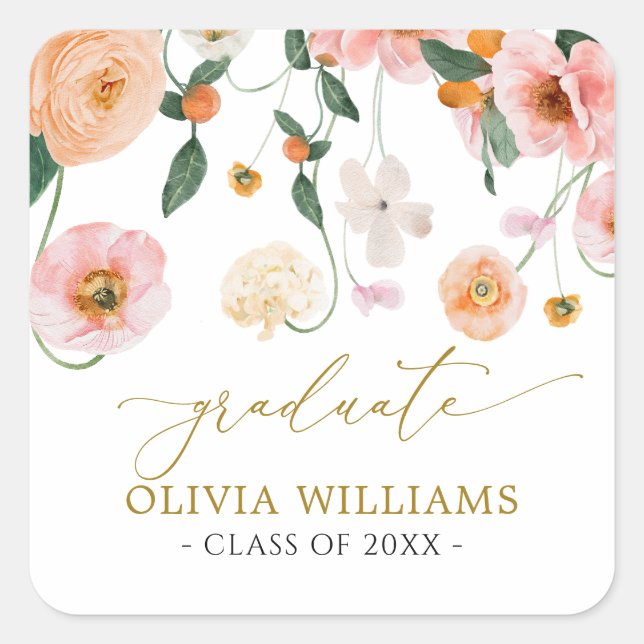 Pink Poppy Floral Graduation Favor Square Sticker (Front)