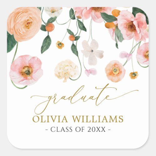 Pink Poppy Floral Graduation Favor Square Sticker