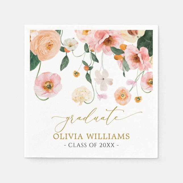 Pink Poppy Floral Graduation Napkins (Front)