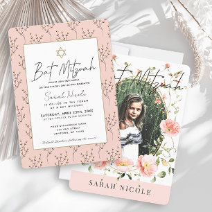 Pink Poppy Floral Photo Bat Mitzvah Invitation