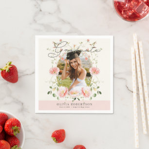 Pink Poppy Floral Photo Graduation Napkins