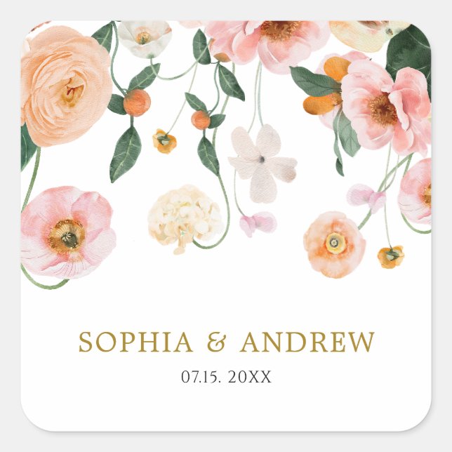 Pink Poppy Floral Wedding Square Sticker (Front)