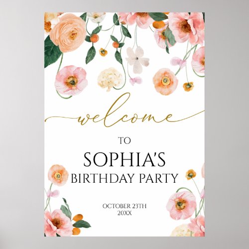 Pink Poppy Flowers Birthday Party Welcome Poster