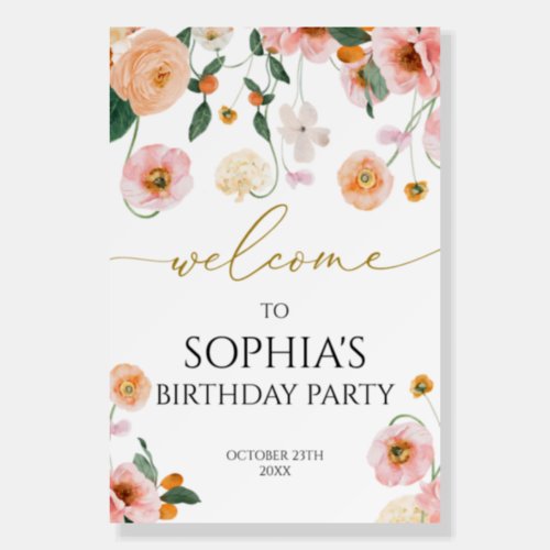 Pink Poppy Flowers Birthday Party Welcome Sign
