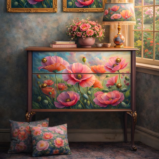 Pink Poppy Garden Floral Decoupage Tissue Paper (Pink Poppy Garden Floral Decoupage Tissue Paper)