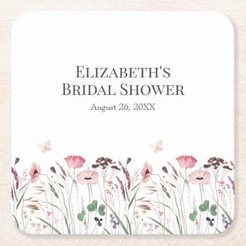 Pink Poppy Meadow Bridal Shower Square Paper Coaster