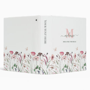 Pink Poppy Meadow Custom Name Monogram 3 Ring Binder