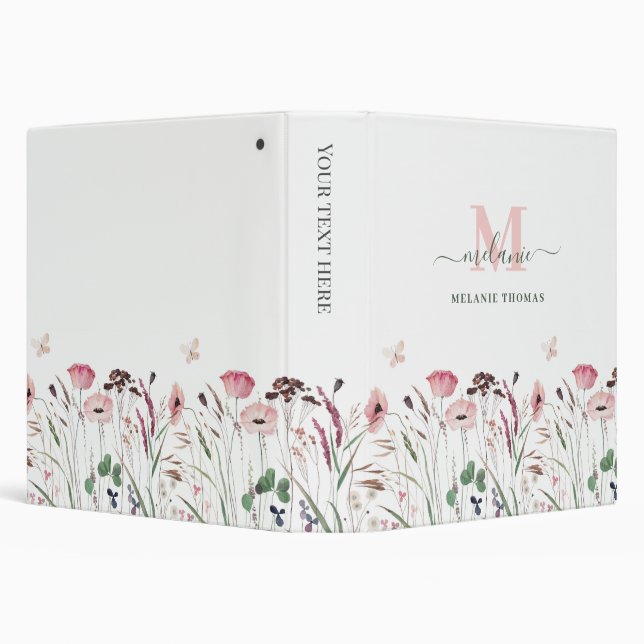Pink Poppy Meadow Custom Name Monogram 3 Ring Binder (Background)