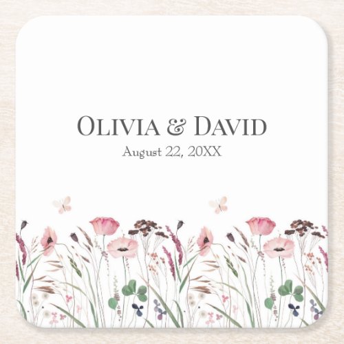 Pink Poppy Meadow Wedding Square Paper Coaster