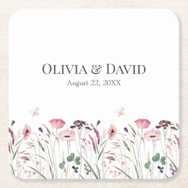 Pink Poppy Meadow Wedding Square Paper Coaster (Front)