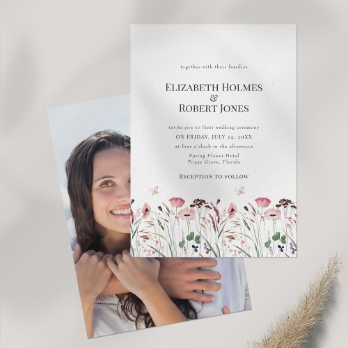 Pink Poppy Meadow with Couple Photo Wedding Invitation