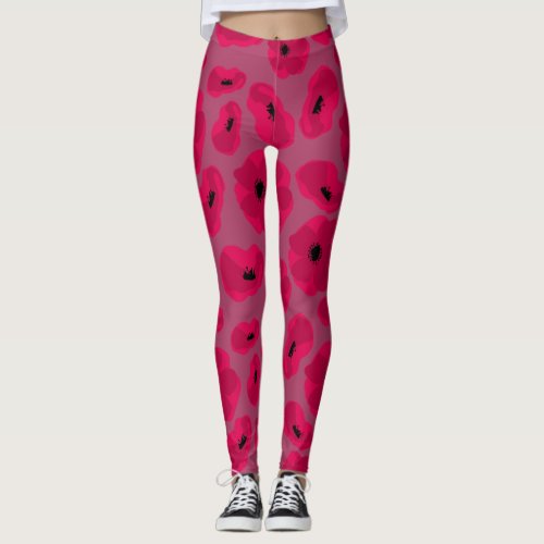 Pink poppy seamless roses pattern leggings