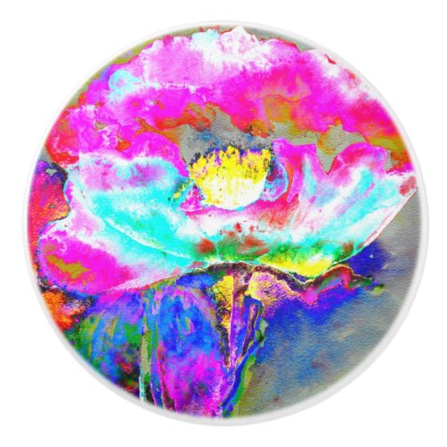 Pink  Poppy watercolor floral painting Ceramic Knob