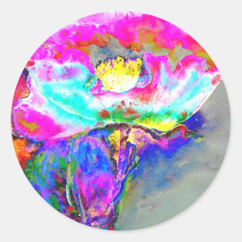 Pink  Poppy watercolor floral painting Classic Round Sticker