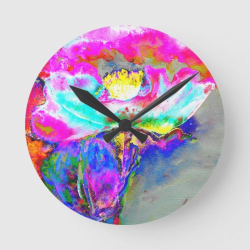 Pink  Poppy watercolor floral painting Round Clock