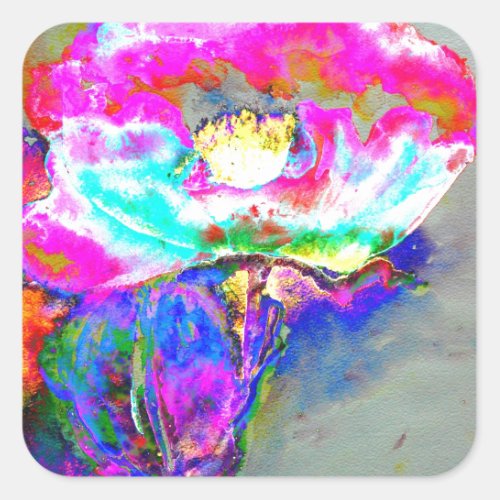 Pink Poppy watercolor floral painting Square Sticker