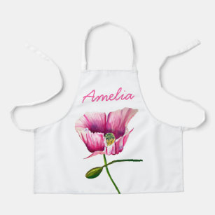 Pink poppy watercolor flower art apron