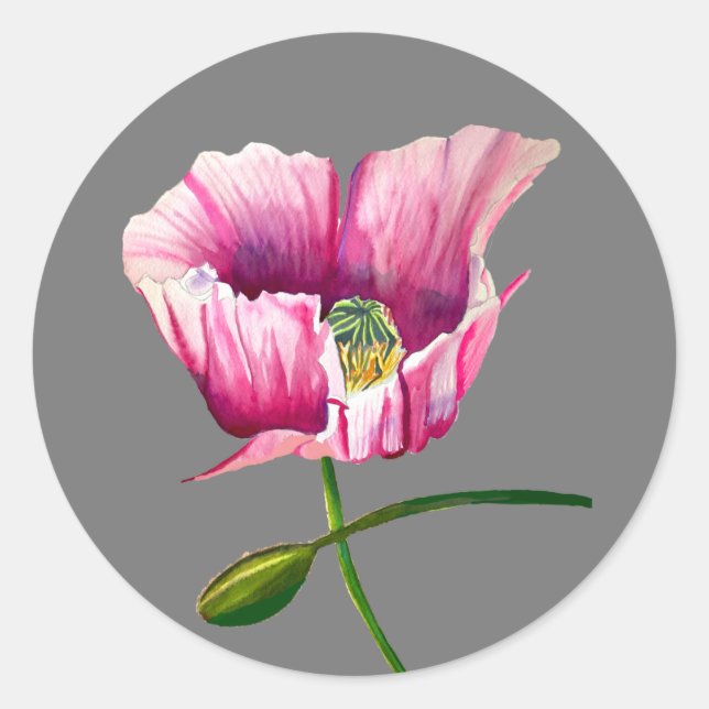 Pink Poppy watercolor flower pretty art Classic Round Sticker (Front)