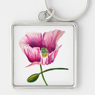 Pink Poppy watercolor flower pretty art Keychain