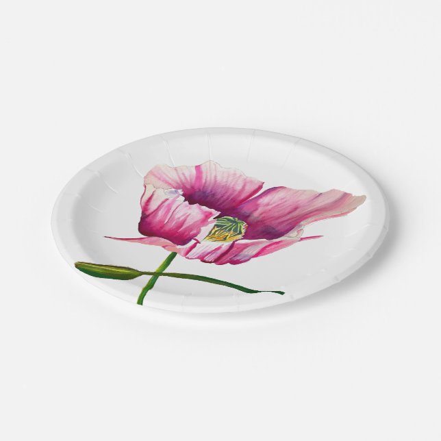 Pink Poppy watercolor flower pretty art Paper Plates (Angled)