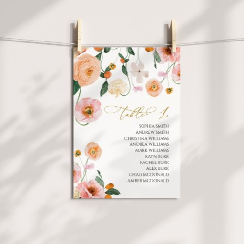 Pink Poppy Wedding Table Number 1 Seating Chart