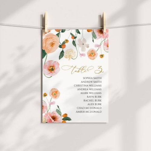 Pink Poppy Wedding Table Number 3 Seating Chart