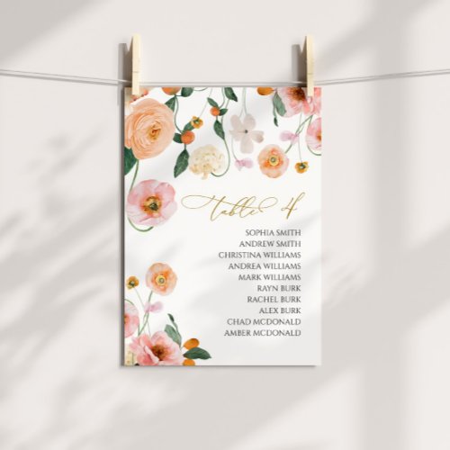 Pink Poppy Wedding Table Number 4 Seating Chart