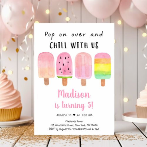 Pink Popsicle Chill With Us Birthday Invitation