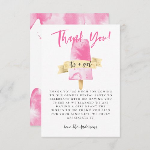Pink Popsicle Girl Gender Reveal Party Thank You Card