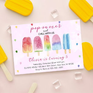 Pink Popsicle Ice Cream Pop On Over Girl Birthday Invitation