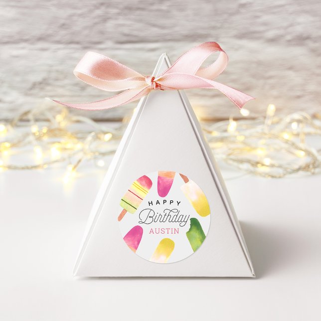 Pink Popsicle Personalized Kids Birthday Classic Round Sticker (Creator Uploaded)