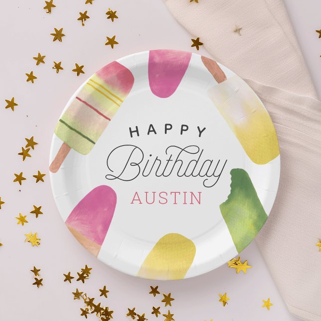 Pink Popsicle Personalized Kids Birthday Party Paper Plates (Creator Uploaded)
