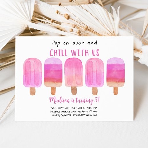 Pink Popsicle Pop On Over Birthday Invitation