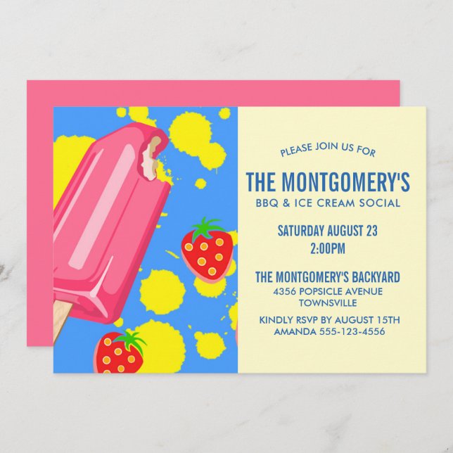 Pink Popsicle & Strawberries BBQ Party Invitation (Front/Back)