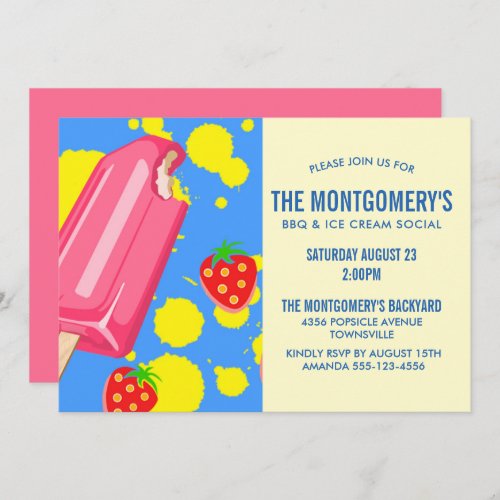 Pink Popsicle  Strawberries BBQ Party Invitation