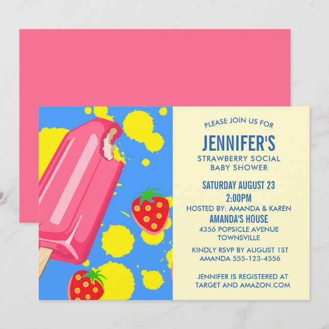 Pink Popsicle Strawberry Social Baby Shower Invitation (Front/Back)