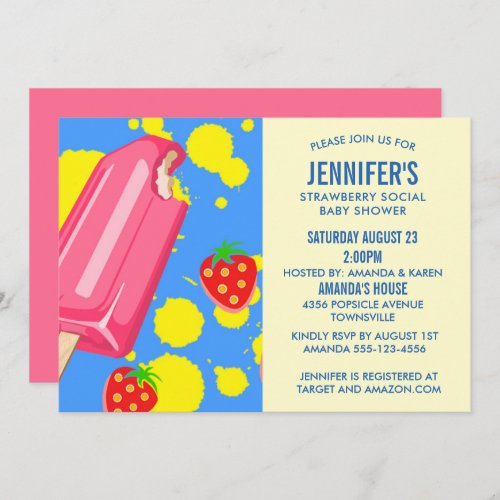 Pink Popsicle Strawberry Social Baby Shower Invitation