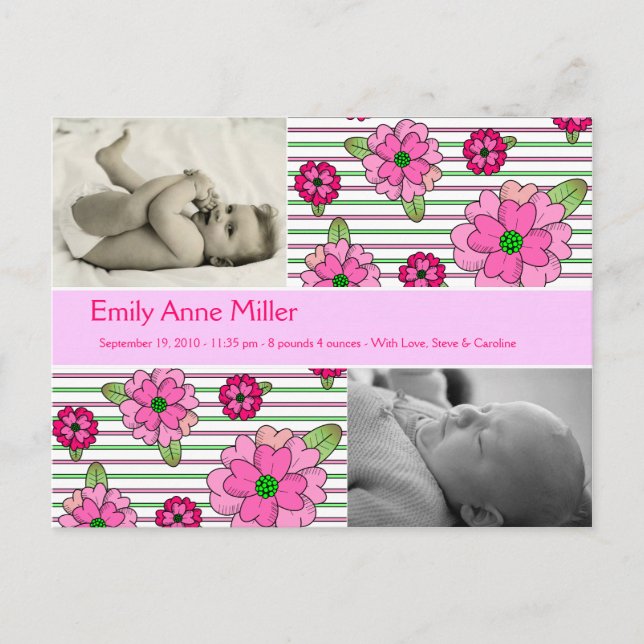 Pink Posy - Baby Girl Announcement Postcard (Front)