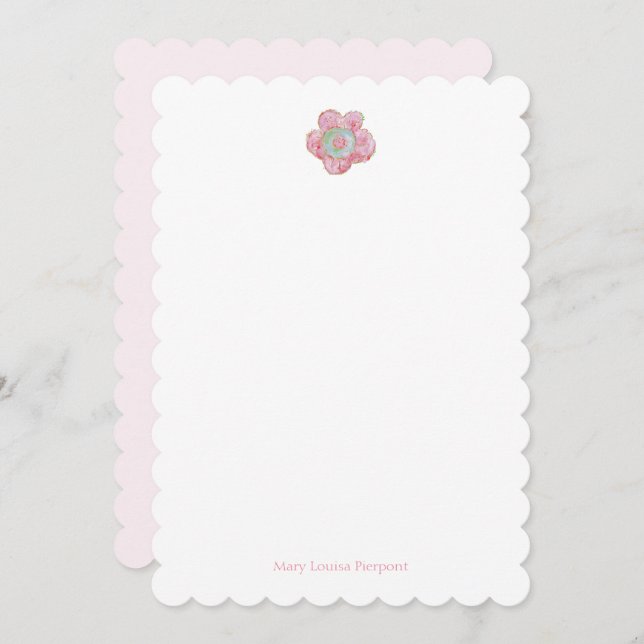 Pink Posy Scalloped Personalized Note Card (Front/Back)