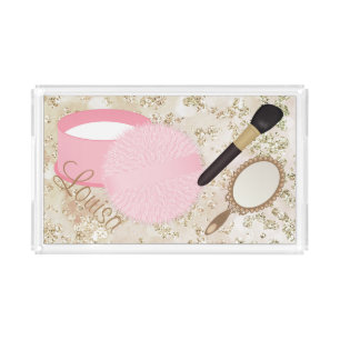 Pink Powder Puff Gold Bokeh Bling Acrylic Tray